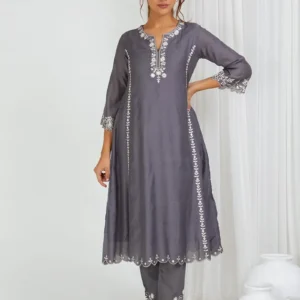 Women Grey Embroidered Chanderi Kurta