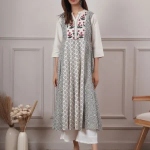 Women Ivory Black Hand Embroidered Cotton Printed Kurta